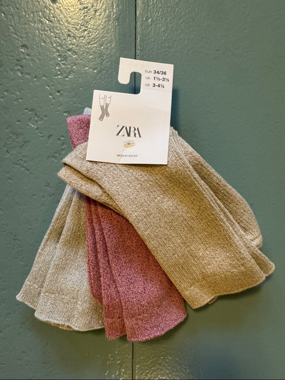 ZARA Metallic Pink, silver, and Gold Crew Socks Set size 10-12 years NWT